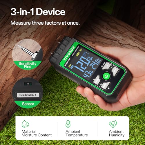 VIVOSUN Wood Moisture Meter, 3-In-1 Pin-Type Digital Moisture Tester, Ambient Temp & Humidity Tester, 7 Modes, Color Backlit Screen, for Wood, Walls, Bricks, Dried Flowers