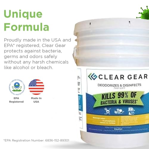 Clear Gear Disinfectant, Mat Cleaner, and Deodorizer For Surfaces 5 Gallon | Equipment, Protective Gear and Facilities, Hospital Grade Disinfectant, 5 Gallon Bulk Gym Cleaning Supplies - size: 640 Fl Oz (Pack of 1)