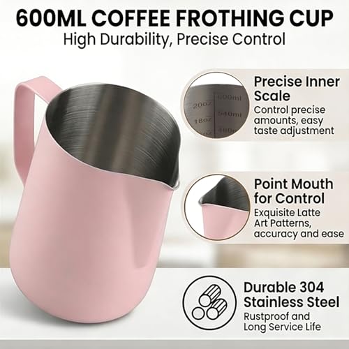 Milk Frothing Pitcher 20oz (600ml) – Stainless Steel Latte Art Pitcher with Inner Scale & Pointed Spout for Espresso Machine & Coffee Barista Tools – Pink Stainless Steel Milk Frother - color: Pink