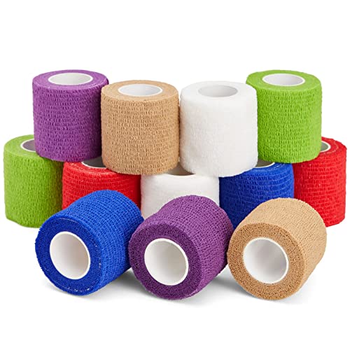 Juvale Stretch Vet Wrap - Self-Adherent Pet First Aid Tape - Secure Ankle Wrap & Wrist Support - Athletic Tape for Sports Use - Pack of 12, 2 in x 6 yd, 6 Colors