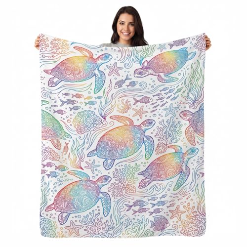 Rainbow Mandala Sea Turtle Throw Blanket, Flannel Fleece 40" x 50" | Yujiiso Rainbow Mandala Sea Turtle Blanket Lightweight Decor for Living Room, Bedroom, Office and Travel, Home Decor Gift - color: Rainbow Mandala Sea Turtle, size: 40"x50"