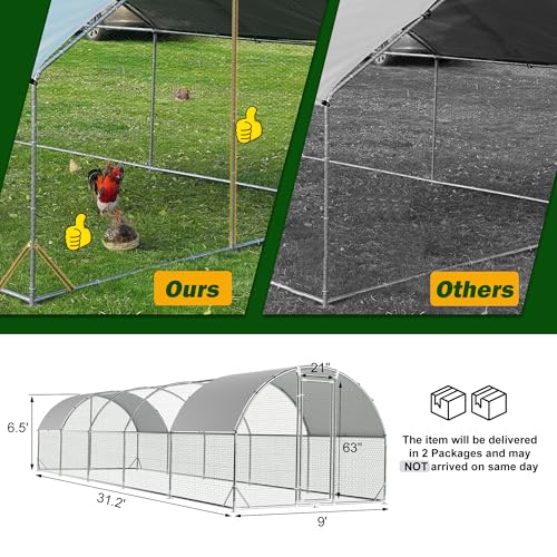 TOLEAD Large Metal Chicken Coop Upgrade Tri-Supporting Wire Mesh Chicken Run,Chicken Pen Walk in with Water-Resident and Anti-UV Cover,Duck Rabbit House Outdoor（374.4" L x 108" W x 78" H） - size: 374.0"L x 108.0"W x 78.0"H