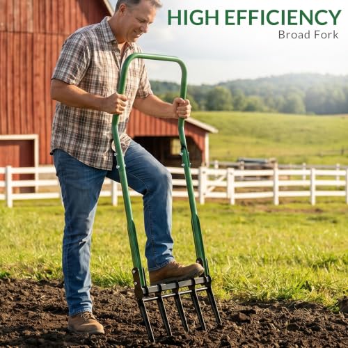 BroadFork Garden Tool, Heavy Duty 5-Tine Broad Fork Hand Tiller, Garden Pitchfork with Ergonomic U-Shaped Handle, Digging Fork for Gardening, Cultivating