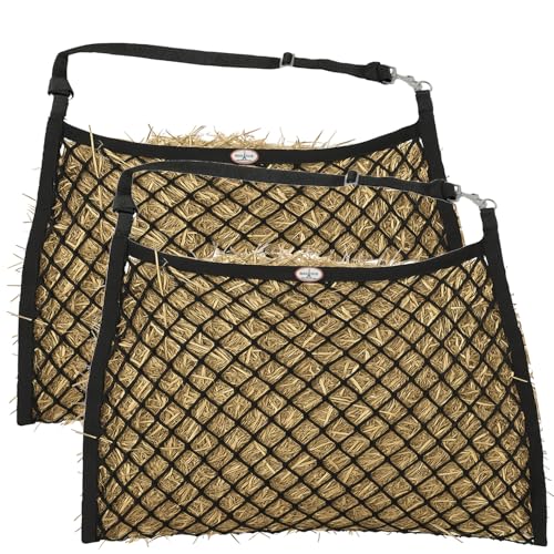 Knotless Ultra Slow Feed Hay Net Set of 2 – 1.5" Openings, Soft on Horse Muzzles, 24"x30", Holds 2 Flakes, Adjustable Hanging Strap with Snap, Ideal for Sensitive Mouths & Slow Feeding