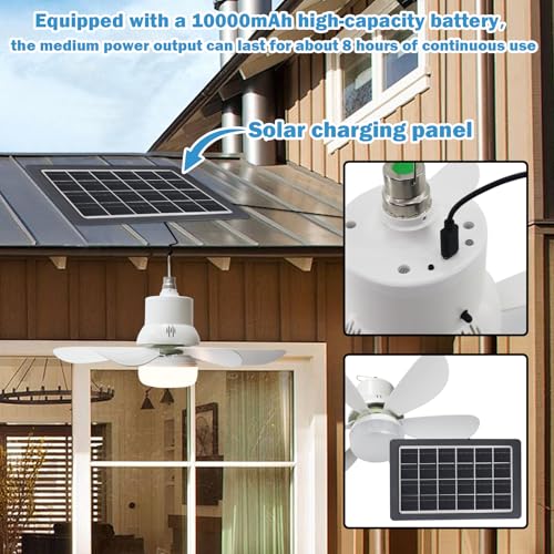17.3in Solar Ceiling Fan Light,Small Solar Powered Rechargeable Ceiling Fan, 3 Color Light＆Remote Control, Built in 10000mah Battery for Outside Gazebo Canopy Tent, Chicken Coop,Camping
