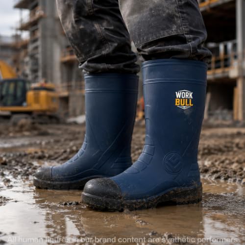 Men's Steel Toe Rain Boots, Waterproof Knee High Work Boots | Slip & oil resistant outsole for construction, farm and industrial work. - color: Navy Blue, size: 6
