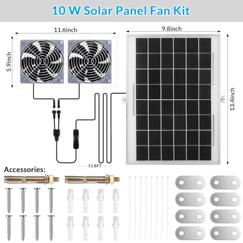 Glooglitter 1 Set Solar Fan for Greenhouse, 10 W Solar Panel Fan Kit with Bracket Waterproof Solar Exhaust Fan Solar Dual Fan for Intake or Exhaust Air for Attic, Shed, Barn, Chicken Coop, Dog House