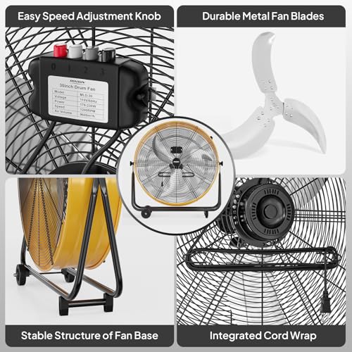Bonnlo 30 inch Industrial Drum Fan, 13000CFM High Velocity Metal Floor Fan with Handle, 3-Speed, 360° Tilt, Heavy Duty, Air Circulator for Shop, Garage, Gym, Barn, Commercial, Yellow - size: 30'' (Yellow)