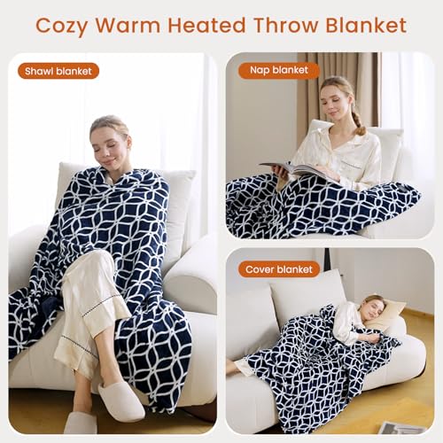 Heated Throw Blanket with Built-in Button Controller 50"x60" Electric Blanket with Soft Flannel Sherpa Fleece 4 Heat Settings 4-Hour Auto Shut Off Overheat Protection for Couch Bed and Office - color: Navy White, size: Throw