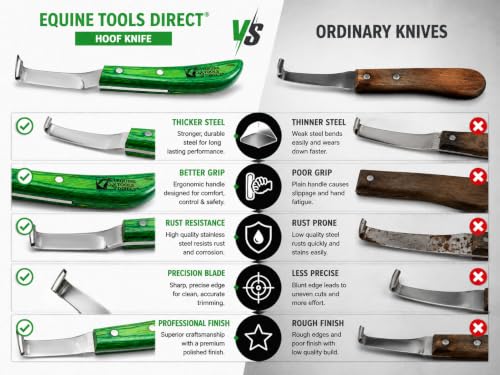 Right-Hand Straight Blade Hoof Knife with Rhino Hook, J2 420 Magnetic Stainless Steel, Ergonomic Green Handle, Farrier Horse Hoof Trimming Tool for Sole & Frog Paring