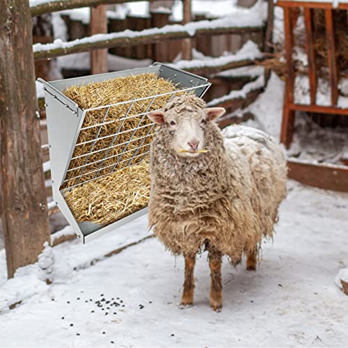 Wall Mount Hay Rack, Metal 2 in 1 Hay and Grain Feeder | Goat Hay Feeder,Livestock Feeder with Adjustable Distance, Hay Feeder for Goats, Sheep, Horse - color: Silver