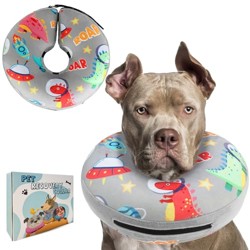 PAWCHIE Inflatable Dog Cone Collar Alternative, Soft Dog Cone for Medium to Large Dogs After Surgery, Adjustable Neck Recovery E-Collars Donut Collar with Cute Dinosaur Prints, Grey XL - color: Grey, size: XL(Neck:18"-21")