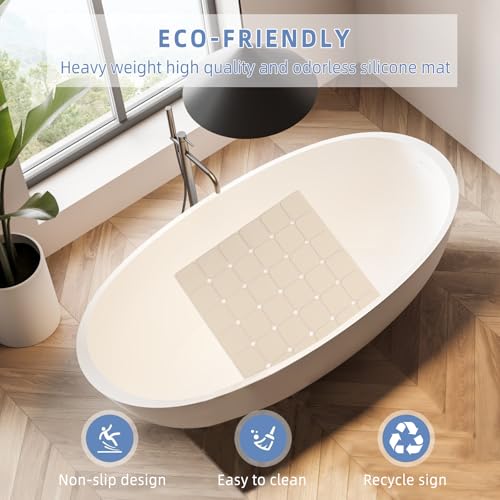 Shower Mat Non Slip 21"x21" Silicone Foldable Bath Mat with Suction Cups & Drain Holes, Odorless, Eco-Friendly & Durable, Machine Washable Shower Stall Mat for Adults, Seniors Beige - color: Beige