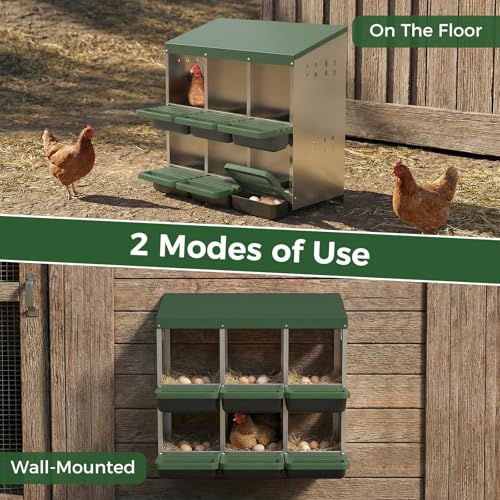 6-Compartment Chicken Nesting Box, Heavy Duty Galvanized Steel Poultry Nest Box, Wall Mount/Freestanding Design for Hens, Ducks, Backyard Homesteads & Farm Use, Green, with Soft Mats, No Stand - color: Green, size: 6 Room&Mat Board