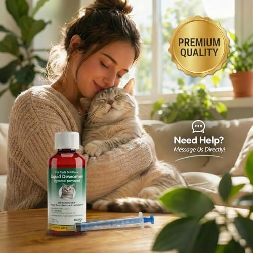 Liquid Dewormer for Cats & Kittens, Pyrantel Pamoate Oral Suspension, Removes Roundworm, Hookworm Broad Spectrum, with 1ml Dosing Syringe (50ml)