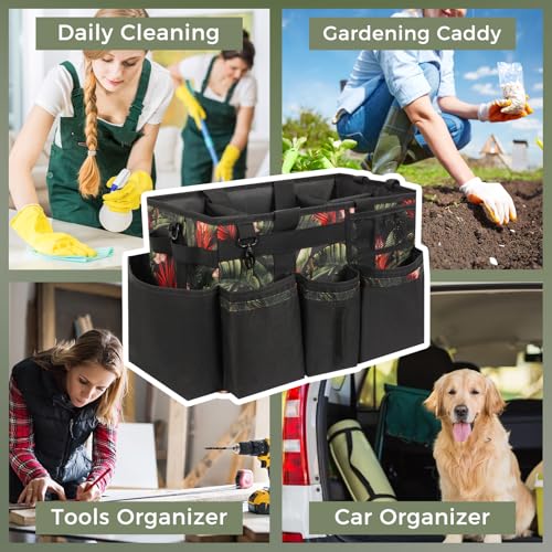 SCAVATA Wearable Cleaning Caddy, Cleaning Caddy Supplies Organizer with Handle & Shoulder Straps for Housekeepers, Under Sink & Car Cleaning Tool Organizers Bag with 4 Foldable Divider (GreenBush) - color: GreenBush