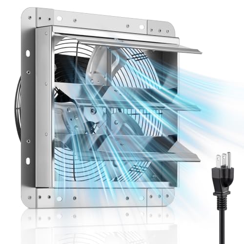 FOHERE 12 Inch Shutter Exhaust Fan Wall Mounted, High Speed 1450CFM, Aluminum with 1.65M Power Cord & Quiet Air Circulation, Vent Fan for Greenhouse, Attic, Shed, Garage, Shop, Commercial Use - size: 12 Inch