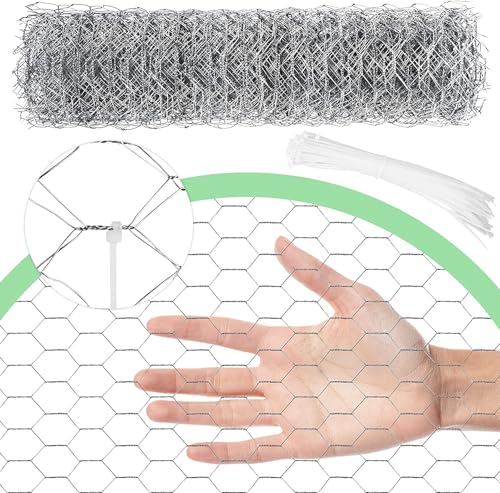 Chicken Wire 16.9 in x 237 in Poultry Wire Netting Hexagonal Galvanized Mesh Garden Fence Barrier for Pet Rabbit Chicken Fencing with 100 Pcs Cable Zip Ties - color: Silver, size: 16.9"x237"+100Ties