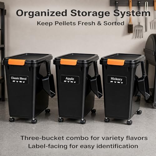 3 Sets 22lb Dog Food Storage Container with Airtight Lid,Scoops,Wheels and Labels,Dry Pellet Storage Bin Kit with Flavor Stickers Airtight for Grill Pellets