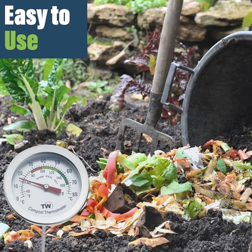 Compost Thermometer Stainless Steel Dial - Ideal Composting Soil Thermometer with 50MM Diameter C and F Dial and 295MM Compost Temperature Gauge Probe