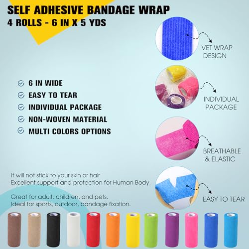 4 Pack Self Adhesive Bandage Wrap, 6 ln x 5 Yards Vet Wrap Tape, Royal Blue | Non-Woven Self Adherent Cohesive Bandage for Thumb, Finger, Wrist, Knee, Ankle - color: Royal Blue