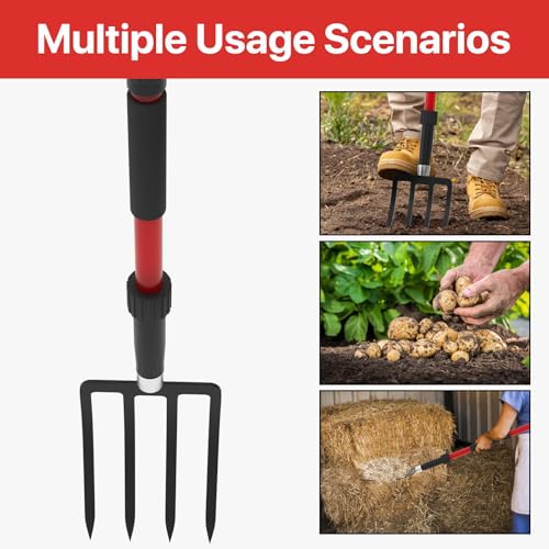 COSITA Pitch Fork for Garden, 44-Inches Pitchfork with Fiberglass Handle, Gardening Spading Fork with 4 Metal Tines, Heavy Duty Pitchfork for Manure, Mulch, Digging, Aeration, Red
