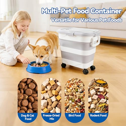 Dog Food Storage Container 30-40lbs, Airtight Pet Food Bin w/ Clear Window | Collapsible Rolling Storage Container with Wheels; Foldable Bucket with Locking Lid & Scoop; Gray - color: Gray-L
