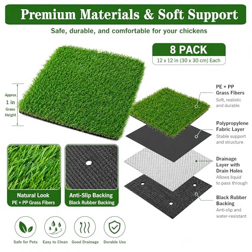 Chicken Nesting Pads 8 Pack, 12 x 12 Inch Washable Reusable Nesting Box Pads for Chicken Coop, Artificial Grass Nesting Box Liners with Black Backing and Drainage Holes, Green