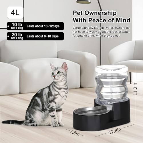 RIZZARI 4L Gravity Cat Water Dispenser:Spill Resistant for Apartments | No Filter Required/Leak-Resistant Design/Easy to Refill,Easy to Clean/Stable Anti-Tip Base/Food-Grade Materials - color: Jet Black, size: 4L
