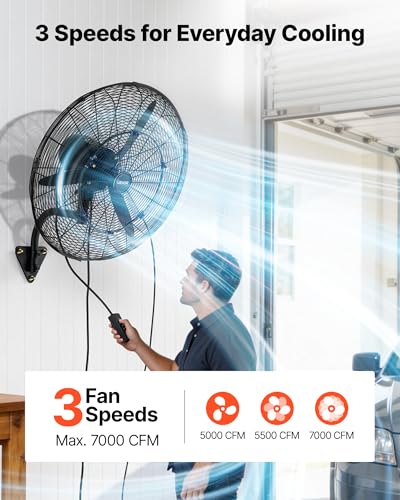 VEVOR Wall Mount Fan, 24 in Wall Mounted Hanging Fan with Oscillating & Mist, IP44-rated, 3-Speed, Powerful Air Reach, Mechanical Control, Long Airflow for Industry, Commercial, Garage, Workshop