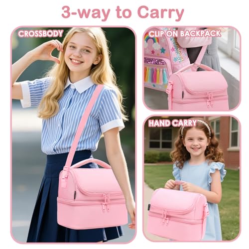 FlowFly Double Decker Cooler Insulated Lunch Bag Large Tote for Boys, Girls, Men, Women, With Adjustable Strap,Pink - color: Pink#All