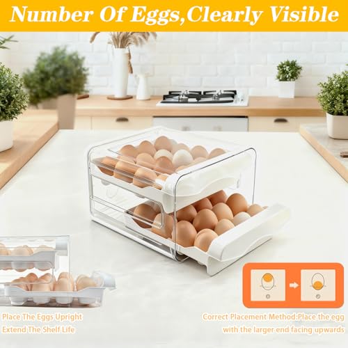 2 Tier 32 Egg Holder for Fridge Egg Organizer Clear Egg Tray | Eggs Storage with Drawer,Eggs Container with Handles,Space Saving,Countertop Kitchen Baking