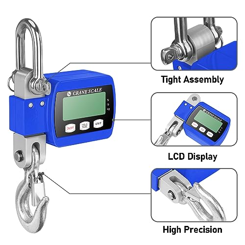 1100lb Digital Hanging Scale with Cast Aluminum Case, Handheld 500Kg Mini Crane Scale with Hooks for Farm Hunting Outdoor (Blue, 1100lbs) | 500KG Heavy Capacity, High Accuracy Weighing, kg/lb/N Unit Conversion, Suitable for Fishing, Farm, Hunting - color: