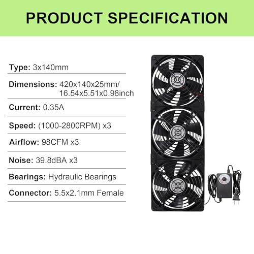 3x140mm 420mm Ventilation Fans with Magnetic Screws Kits & Speed Controller | Powerful Magnetic Installation Ventilation Fan with Multi-Configurations for Cabinets, Servers, Mining Rigs & Chicken Coops