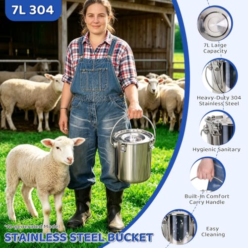 2-in-1 Goat and Cow Milking Machine, 3.7Gal Stainless Steel Bucket with 5200mAh Built-in Rechargeable Battery, Cordless Electric Vacuum Pulsator, 4 Teat Cups, Portable Electric Milking Machine (7L)