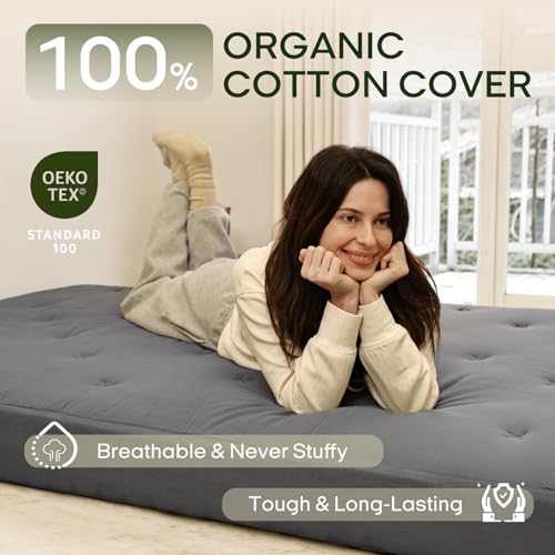 ZonLi Japanese Floor Futon Mattress 100% Cotton Washable Cover Foldable | 80" x 60" Queen Size 6" Thick Tatami Mat Sleeping Pad, Roll Up Floor Lounger Bed for Guest, Dormitory, Camping & Travel - color: Grey, size: Queen(80"L x 60"W x 6"Th)