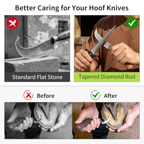 Diamond Coated Hoof Knife Sharpener with Tapered Rod for Hook Sharpening | Tapered diamond-coated rod sharpens curved hoof knife blades with fast, precise edge restoration