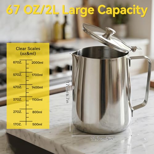 Stainless Steel Pitcher with Lid, 70 oz Metal Measuring Cup with Marking with Handle, 2 L Large Mouth Graduated Beakers, Milk Frothing Jug for Latte Art, Iced Tea, Espresso Machines, Water
