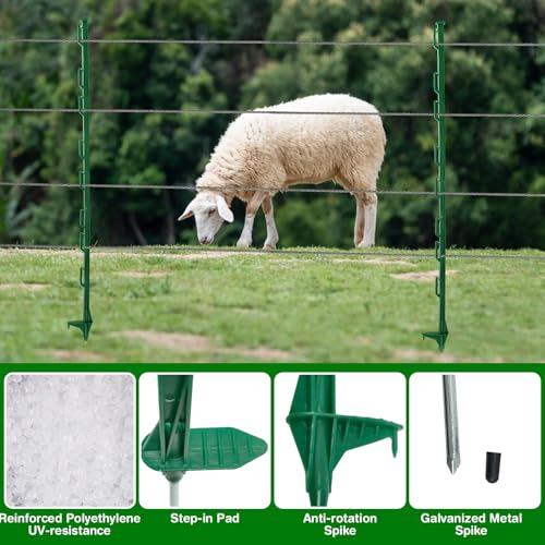 25Pack,48 Inch Heavy Duty Electrical Fence Post - UV Resistant Plastic Fence Posts for Livestock, Garden & Pasture, Easy Installation No Dig (Green) - color: Green