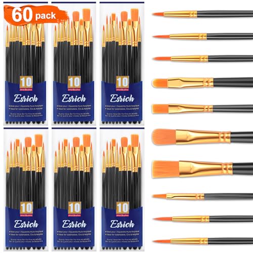 ESRICH 60PCS Paint Brushes, Paint Brush for Acrylic Painting | Artist Paintbrushes for Oil Watercolor, Body Face Rock Canvas, Small Paint Brushes for Kids, Black - color: Black, size: 60