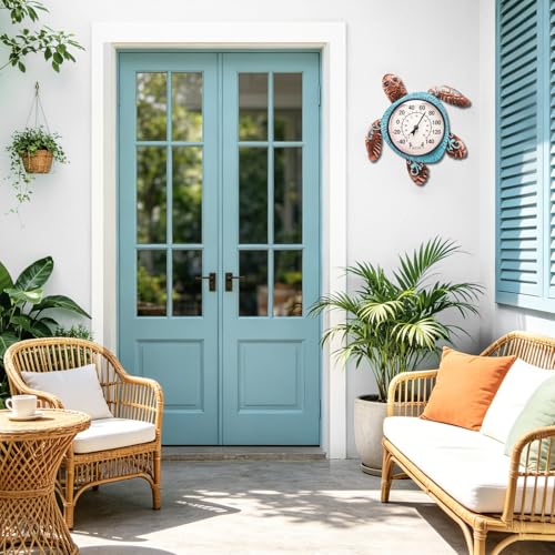 Outdoor Thermometer, Turtle Outside Decor for Patio Pool Garden | No Battery Needed Wall Mounted Wall Art Beach Gifts Waterproof