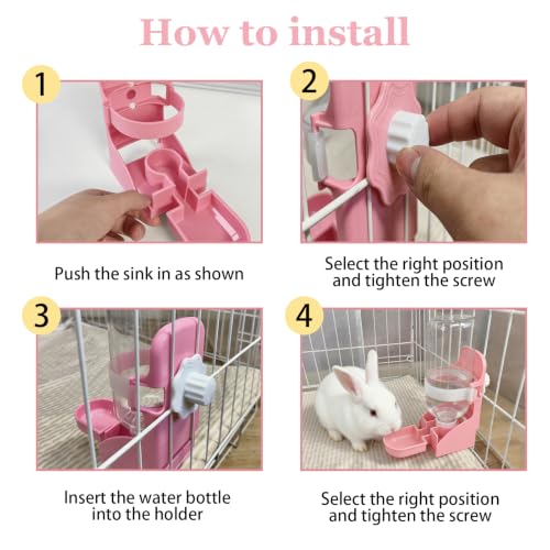Rabbit Water Bottle Ferret Food Bowl Bunny Water Dispenser Stainless Steel Food Dish Hanging Drinking Fountain Drinker Feeder Crate Bowl for Guinea Pig Chinchilla Hedgehog - color: Pink