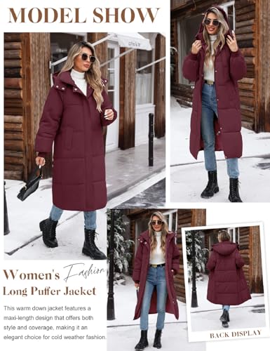 Women Long Puffer Coat Winter Warm Hooded Jacket Long Sleeve Parka Full Length Down Coats With Zip - color: Fuchsia, size: Medium