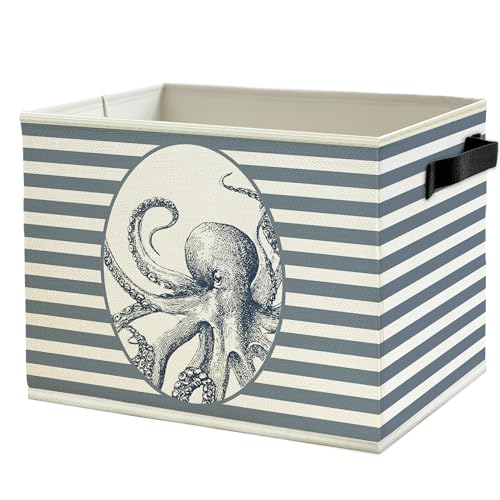 Coastal Beach Octopus Storage Bins Box with Handles, Blue Striped Beachy Ocean Octopus Marine Biology Collapsible Basket Organizer for Bedroom Bathroom Books Clothes - color: Color08