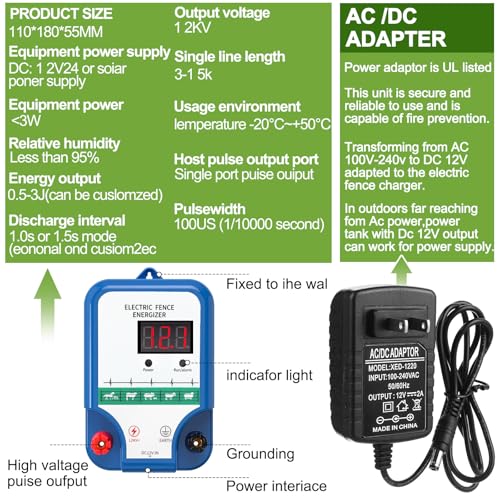 Electric Fence Kit, 8 Mile 12kV 2J Electric Fence Charger AC/DC Powered with 50 Insulators, Socket Tool, 250ft Aluminum Wire for Livestock Control(LCD Display Ver.,Blue) - style: LCD Display Ver