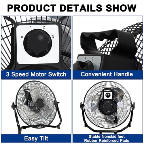 hykolity 1650 CFM 12" High Velocity Floor Fan, 3-Speed Powerful Airflow Fan, Heavy Duty Metal Fan with 180-Degree Tilt for Bedroom, Home, Residential Use, 2 Pack