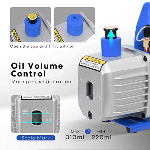 VIVOHOME 110V 1/3 HP 4.5 CFM Single Stage Rotary Vane AC Vacuum Pump | HVAC Vacuum Pump for Mini Split Automotive Air Conditioner R134a R12 R22 R502 R410a AC System with Oil Bottle - color: Blue, size: 4.5 CFM