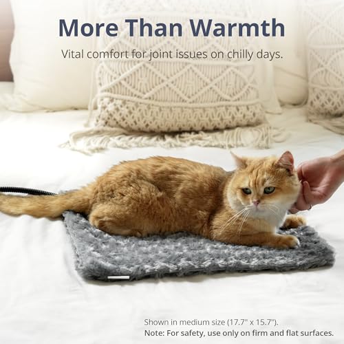 Adjustable Temperature Cat Heating Pad, 17.7"x15.7", 55W, Light Gray | 6 Heat Settings, 4 Timer Options, Chew-Resistant Cord, Rosebud Fabric Surface, Ideal for Adult Cats & Small Dogs - size: M – Rectangular 17.7" x 15.7"