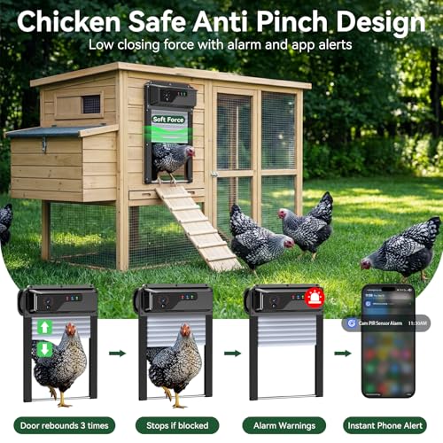 Automatic Chicken Coop Door with Camera, WiFi App Control, Solar Powered Smart Chicken Door with HD Night Vision, 5000 mAh Battery, Anti-Pinch Safety, Smart Alerts, Space-Saving Roll-Up Design
