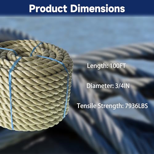 100 feet Twisted ProManila - UnManila Rope, Three Strand Twisted Rope with 3/4 Inch Diameter for Decor, Crafts, Sporting, and Landscaping - size: 3/4in*100ft